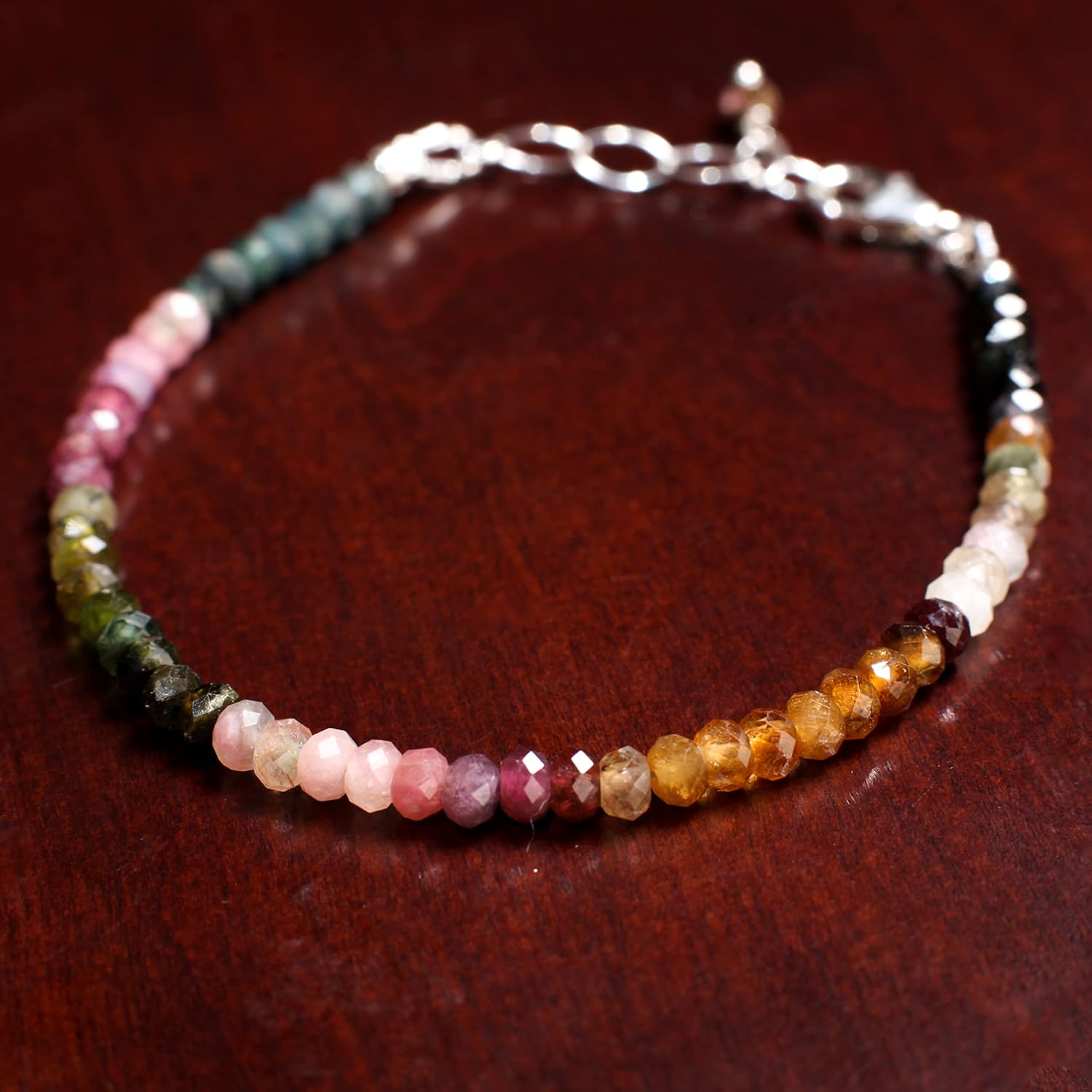 Watermelon Tourmaline Bracelet Faceted Rondelle Bracelet in 925 Sterling Silver Chain with 1" Extension, Clasp, Gift for her