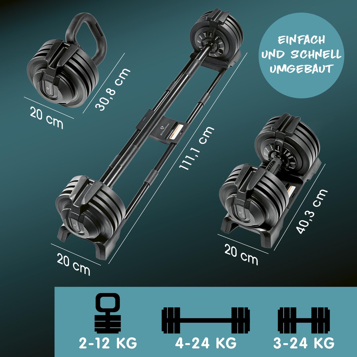 #DoYourFitness Multifunktionshantel Set von 3-24 kg | Verstellbar zu Kurz- & Langhantel und Kettlebell | Vielseitiges Training zu Hause | Ideal für Kraftaufbau und Ausdauer | Für effektives Workout