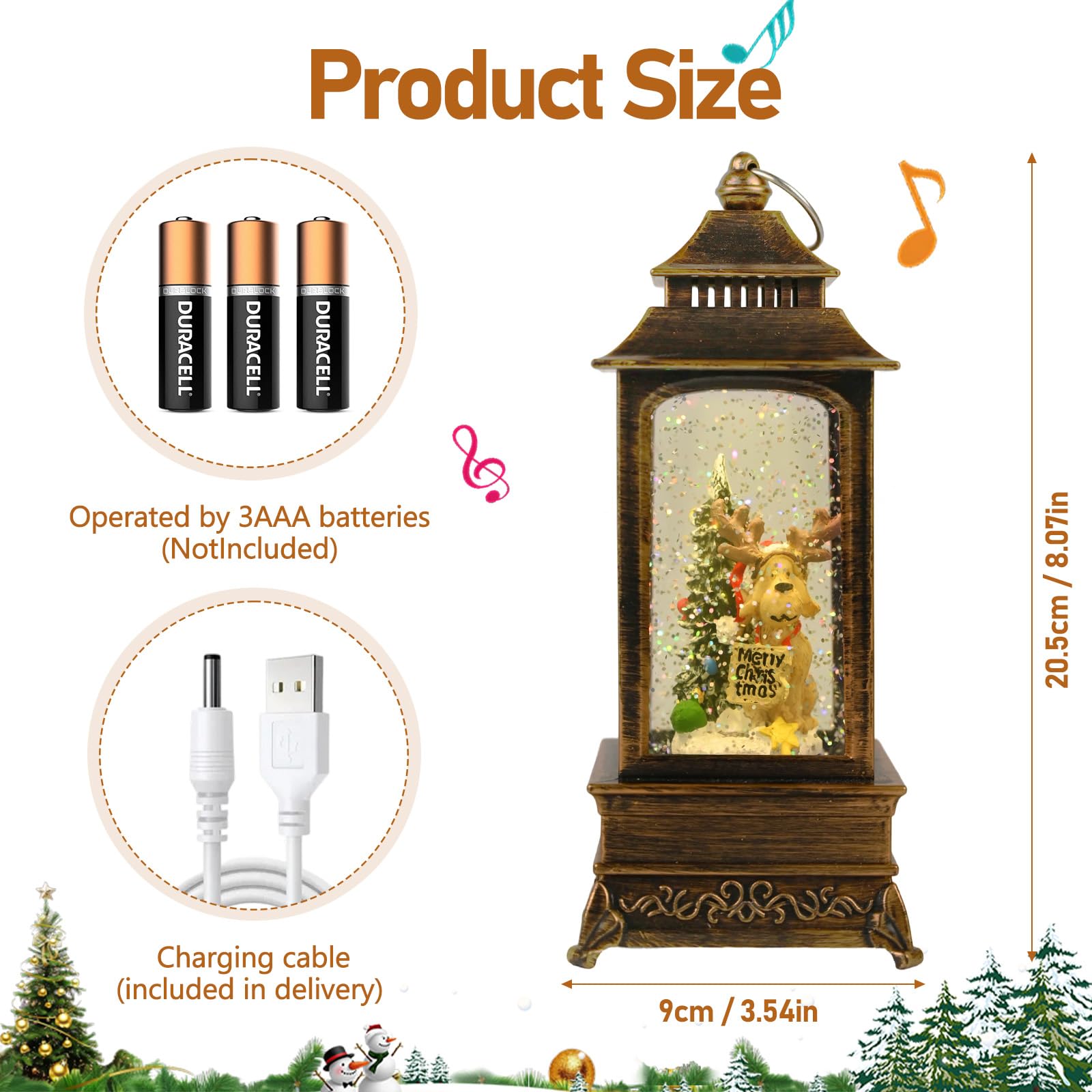 Gerbala Weihnachts Schneekugel Laterne, Schneekugel Weihnachten mit Musik, Weihnachts Schneelaterne, Leuchtend, USB/Batteriebetrieb, Laterne Weihnachten für Weihnachtsdeko und Geschenk-02