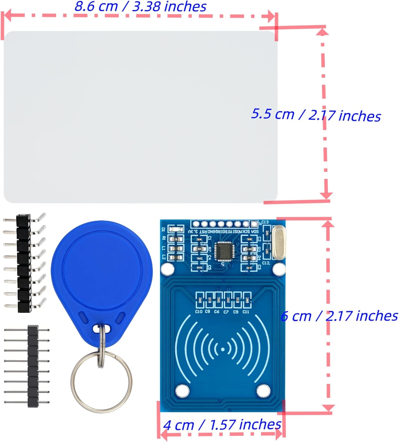 Contents of the WWZMDiB RC522 RFID Reader Writer Module Kit, showing two RC522 modules, two white cards, two blue key fobs, and pin headers.