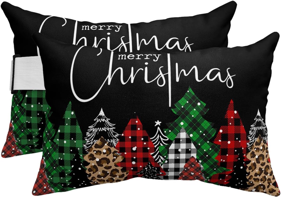 Christmas Tree Chaise Lounge Head Pillow Headrest Pillow Covers, Winter Black Leopard Lattice Red Green Lumbar Pillow Case Outdoor Waterproof Throw Pillow for Pool Patio Beach 2 Pack-11x16