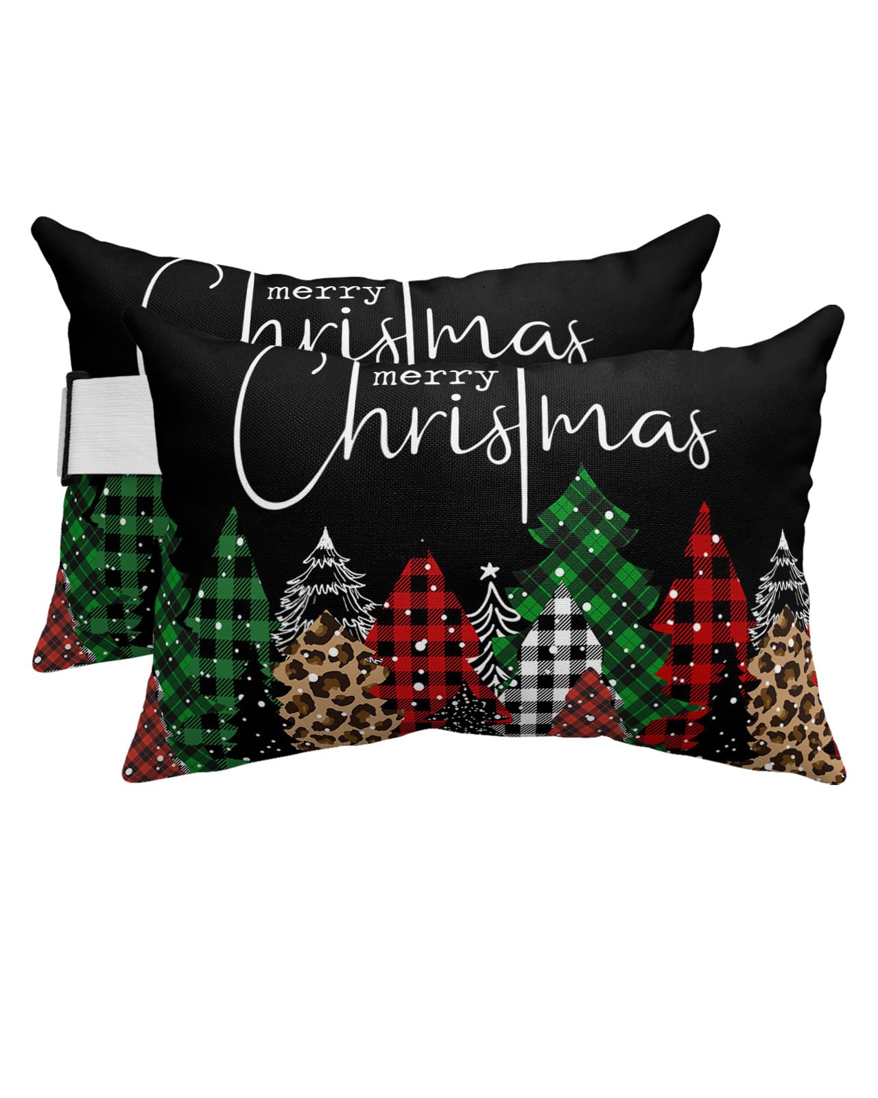 Homechoid Christmas Tree Chaise Lounge Head Pillow Headrest Pillow Covers, Winter Black Leopard Lattice Red Green Lumbar Pillow Case Outdoor Waterproof Throw Pillow for Pool Patio Beach 2 Pack-12x20