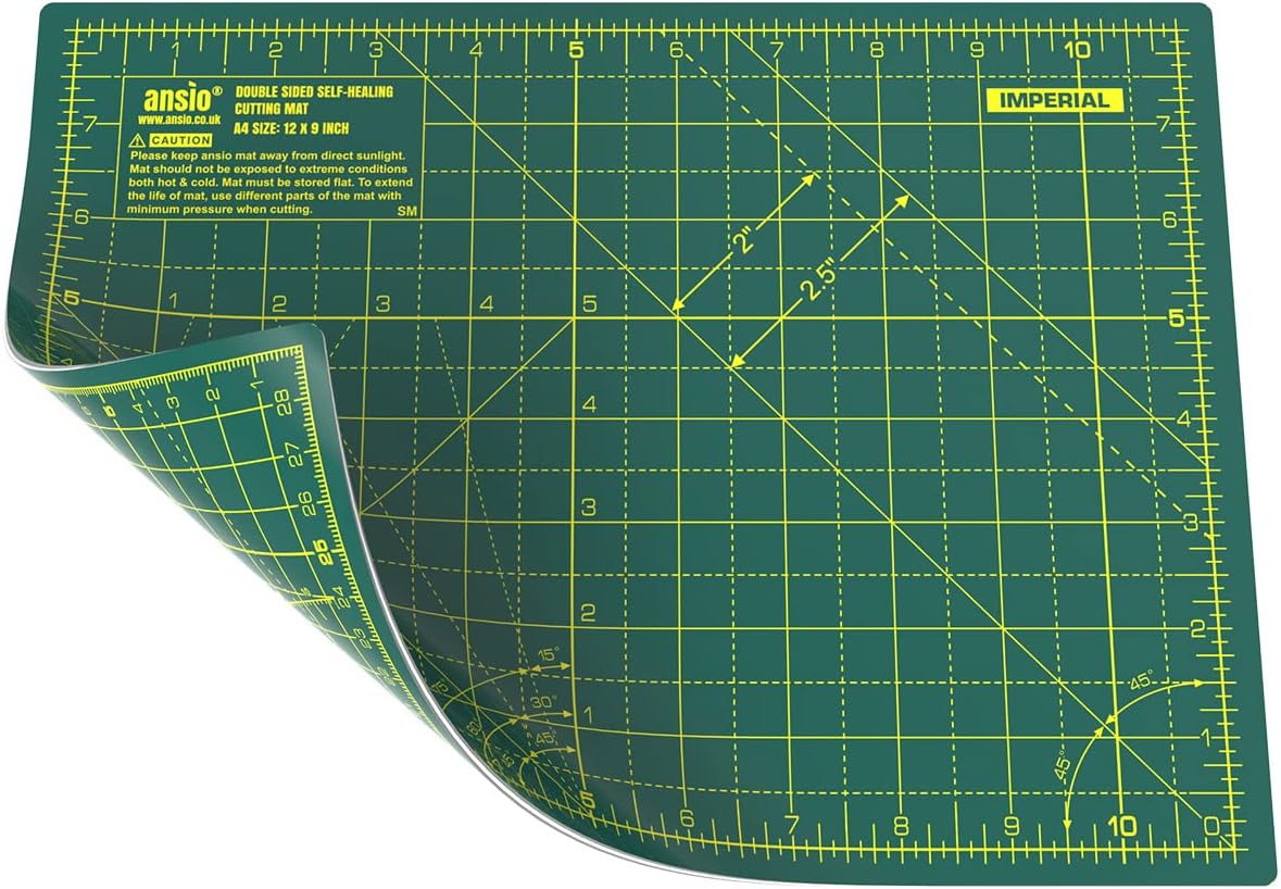 ANSIO Craft Cutting Mat Self Healing A4 Double Sided 5 Layers - Quilting, Sewing, Scrapbooking, Fabric & Papercraft - Imperial/Metric 11 Inch x 8 Inch / 29cm x 21cm - Green/Green