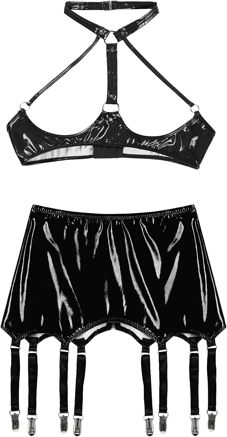 Women's Leather Lingerie Sets Cupless Harness Cage Bra with Zipper Back Mini Garters Skirts
