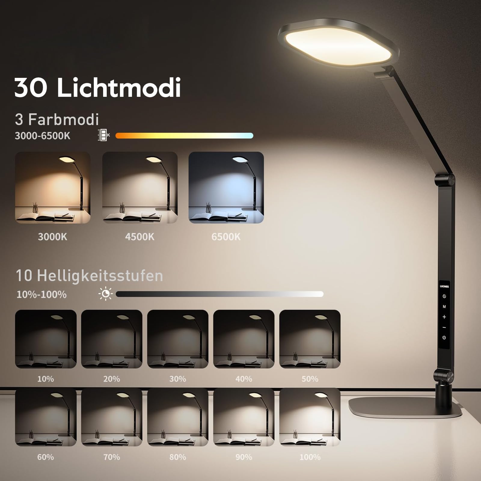 LitONES Dimmbare Led Schreibtischlampe, augenschonende Tageslichtlampen | Flimmerfreies Licht mit Timer & Memory, 30 Lichtmod. Flexibler Arm – ideal für Büro, Studium & Kreative[Energieklasse A]
