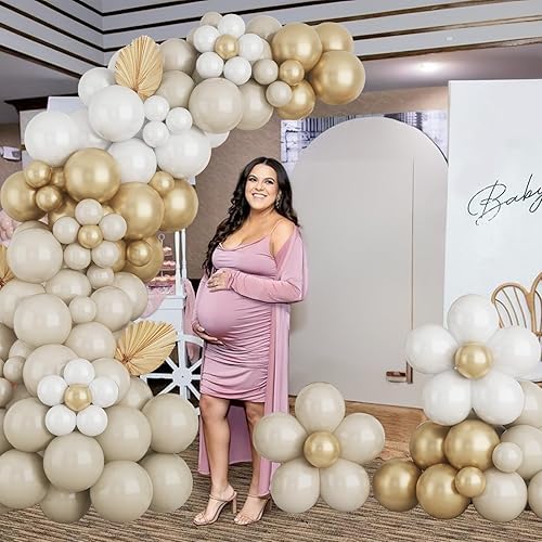 Miniatura 4 de Domgoge Globos de doble relleno color blanco arena, Graland, 112 piezas de globos color nude, kit de arco de globos cromados metálicos dorados,
