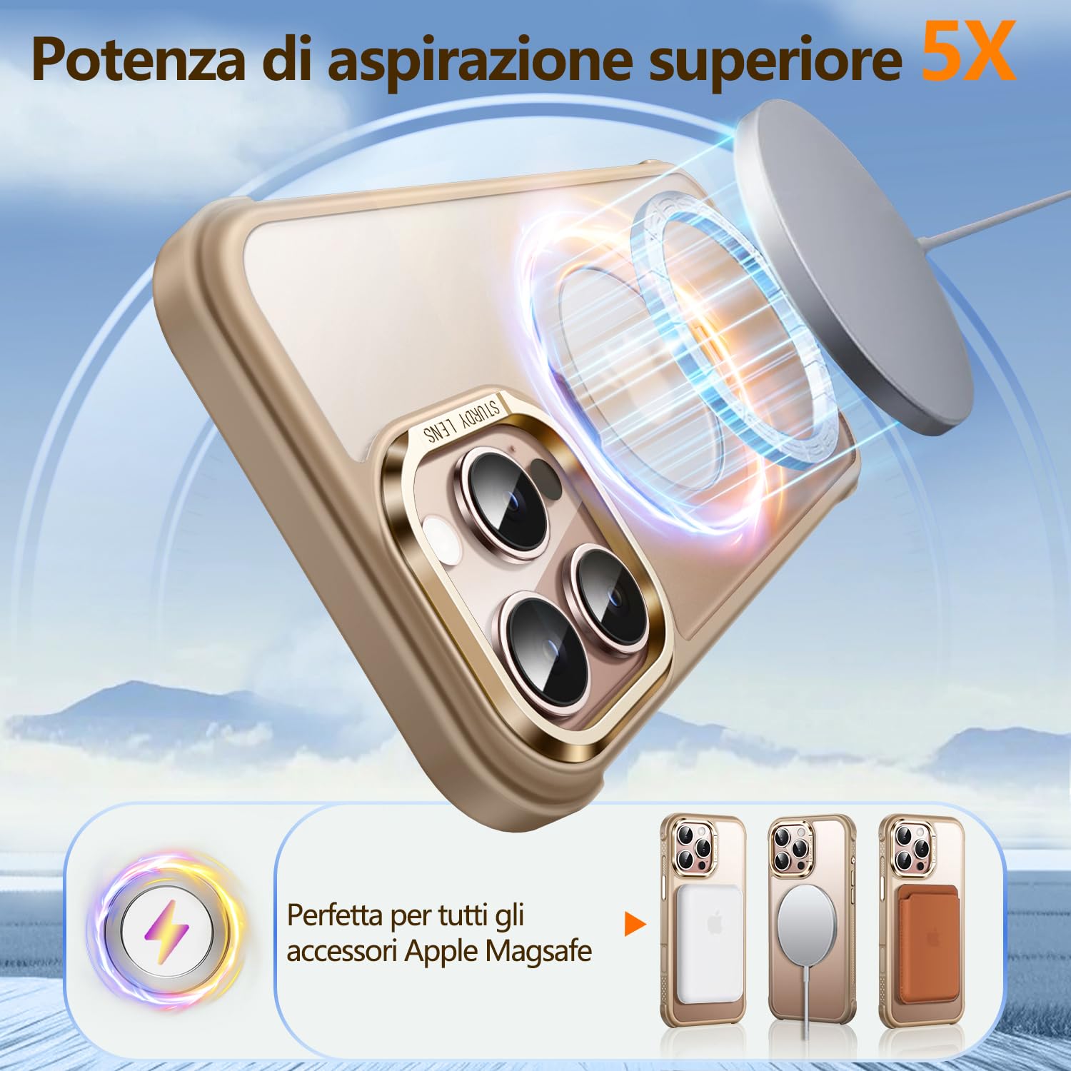 Custodia O3 Mag-Stand per iPhone 16 Pro Max con Supporto a 360°,[Compatibile con MagSafe][Eccezionalmente Delicata Sulla Pelle]Sottile Eopaca Magnetica Traslucida 6,9", Oro Opaco