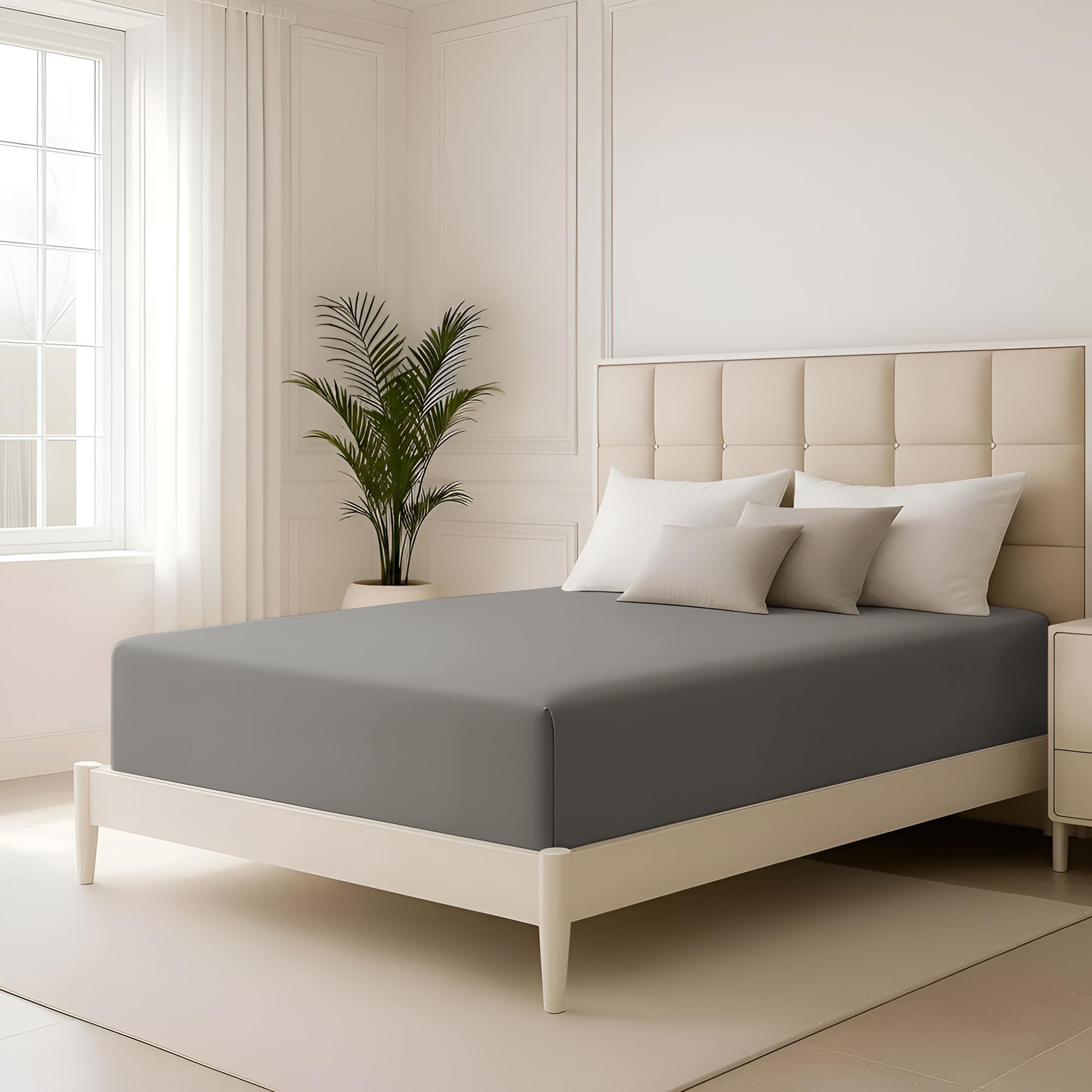 Hafaa Double Fitted Sheet Grey Bedding 40 Cm Extra Deep Pocket Bed Sheets Soft Brushed Mic...