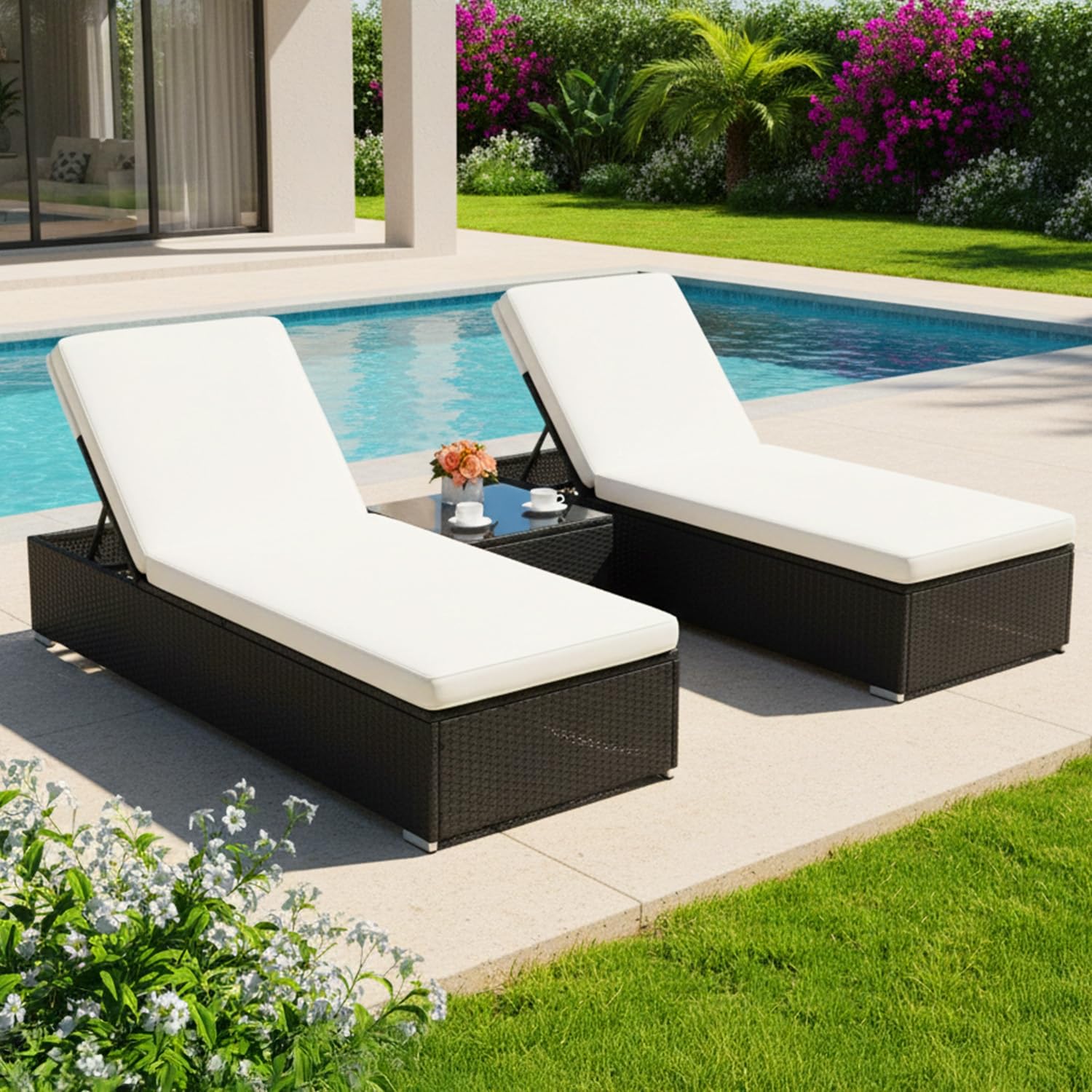 DEVOKO Outdoor Patio Loungers with Table Set HDPE Wicker Water-Resistant Cushions UV-Resistant Furniture Strong Durable Frame for Poolside, Garden (Black & White)