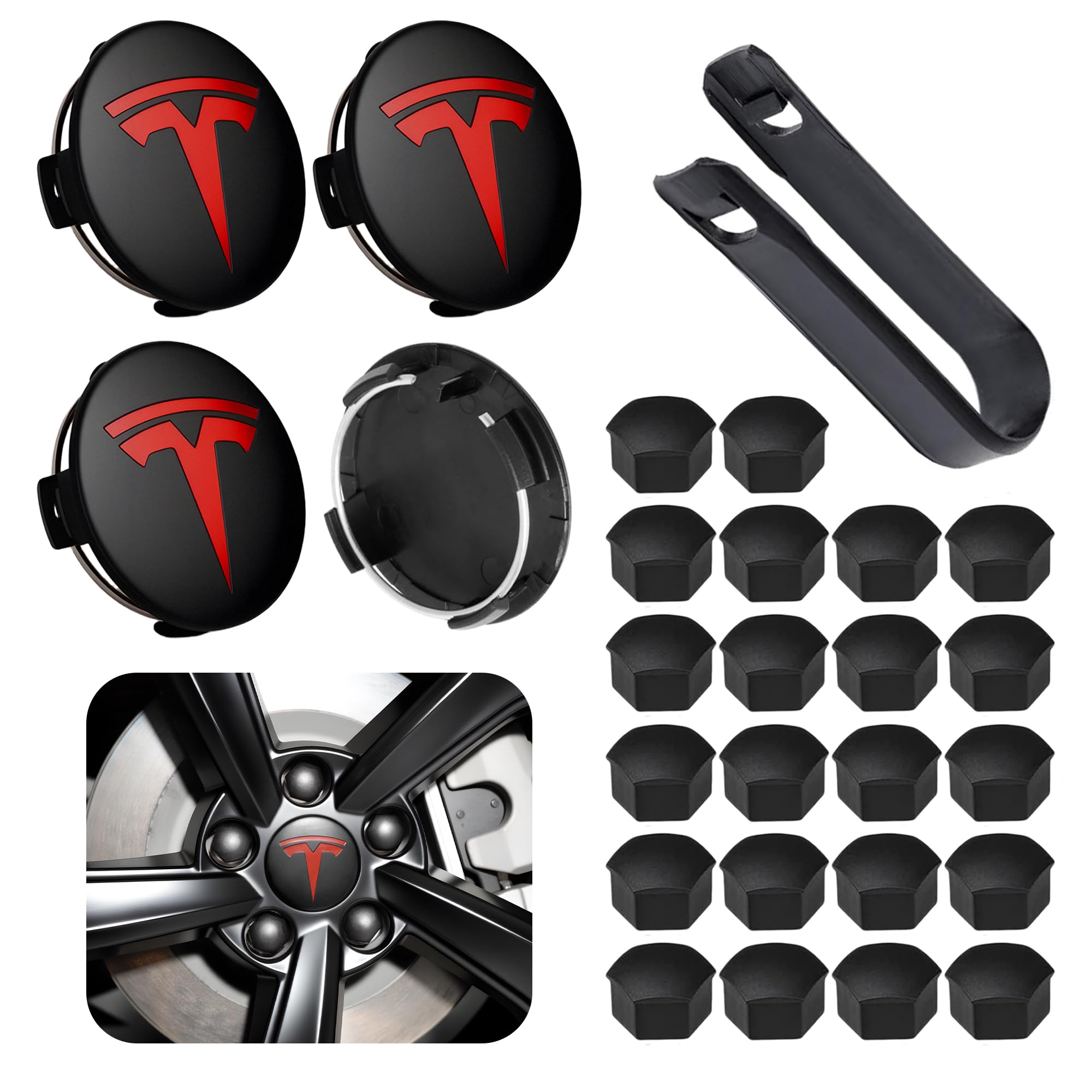 Photo 1 of **PARTS ONLY** Powlamks 4 Pack Car Wheel Center Hub Cap Kit with 22 Lug Nut Covers, 2.2 in (56mm) Wheel Rim Covers Center Hubcaps with Emblem for Model 3 / Model Y, Matt Black & Red Exterior Decoration for Tesla