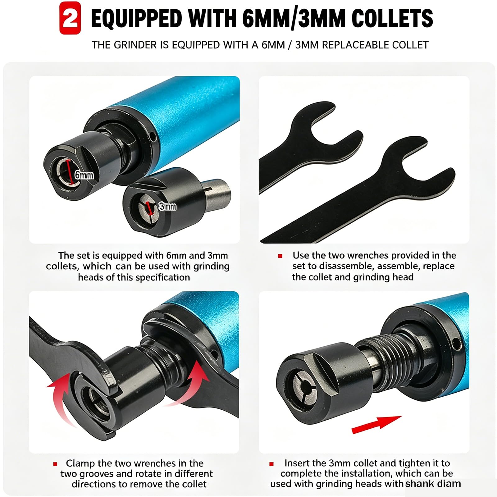 Kit smerigliatrice pneumatica, smerigliatrice pneumatica a matita, strumento per incisione per lucidatura, capacità pinza da 1/4"/1/8", rettifica ad alta velocità, comp leggero, per stampo, metallo