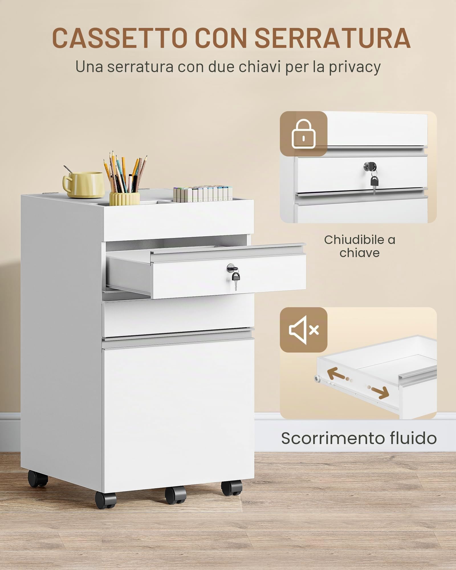 Hzuaneri Cassettiera Scrivania con Ruote, 3 Cassetti e Serrature, Mobile Porta Stampante, Ufficio, Studio, 40 x 40 x 70, Bianco FC41003X