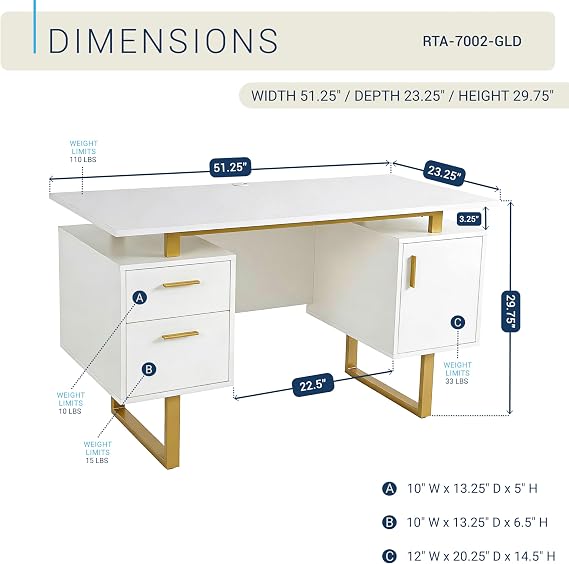 Techni Mobili 51W Computer Desk w/ 2 Drawers & Storage Cabinet, White/Gold