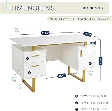 Techni Mobili 51W Computer Desk w/ 2 Drawers & Storage Cabinet, White/Gold