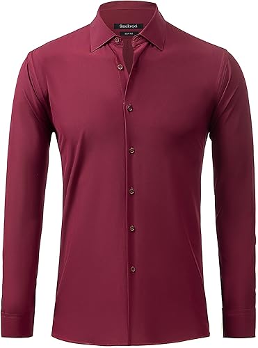 Suxikrejci Camisas de vestir para hombre, manga larga, ajustadas, elásticas, absorben la humedad, refrescantes, sin arrugas, camisa sólida con