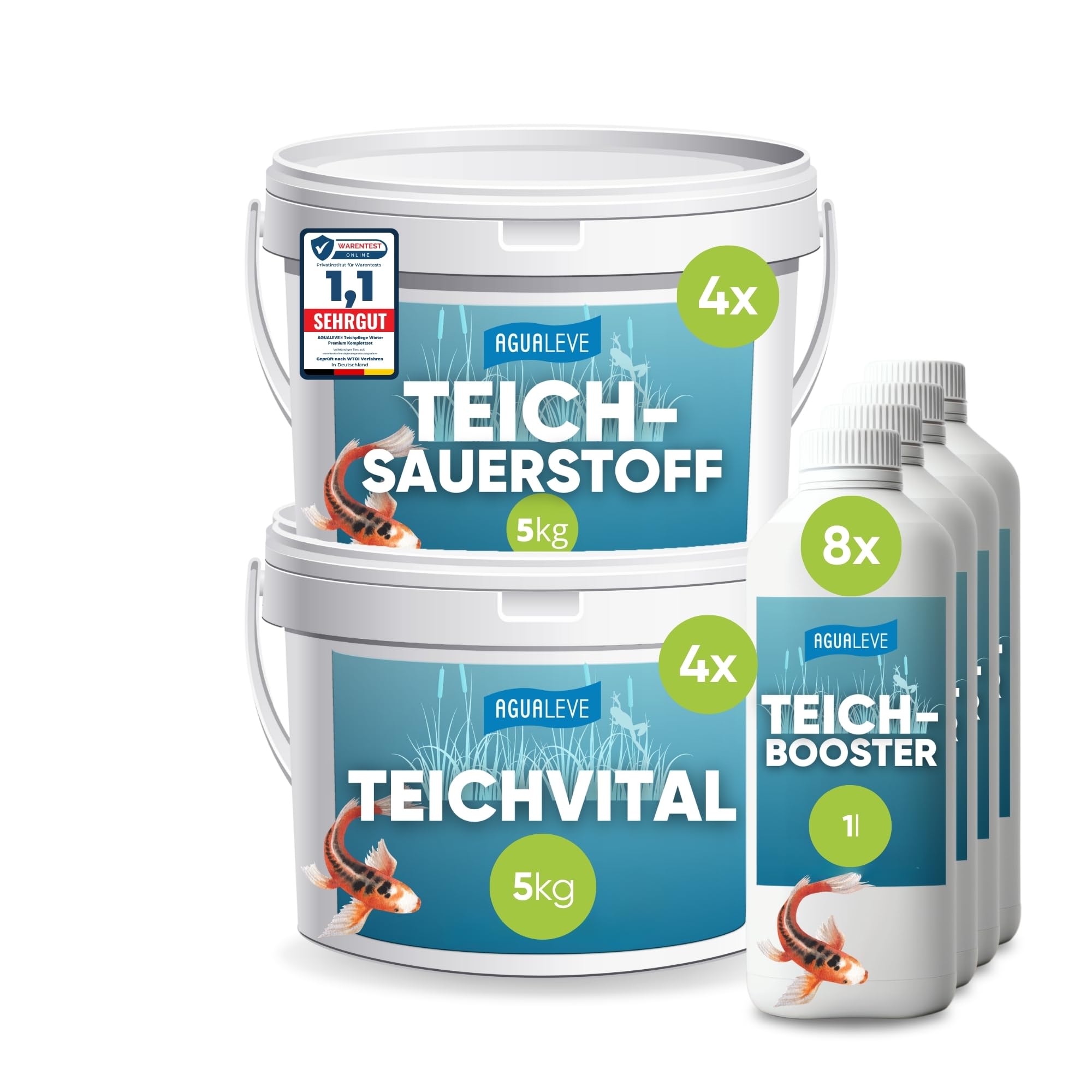 AGUALEVE® Teichpflege Winter Premium Komplettset Größe XL (bis 200.000l Teichwasser)| für eine sichere Überwinterung & EIN idealen Start im Frühjar: Teichsauerstoff + Teichvital + Teichbooster