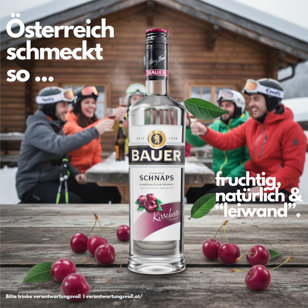 Bauer Kirschschnaps - Der fruchtige Klassiker für besondere Genussmomente - Obstbrände aus Österreich seit 1920 - Kirschen Schnaps Geschenk Idee (1 x 0,7L)