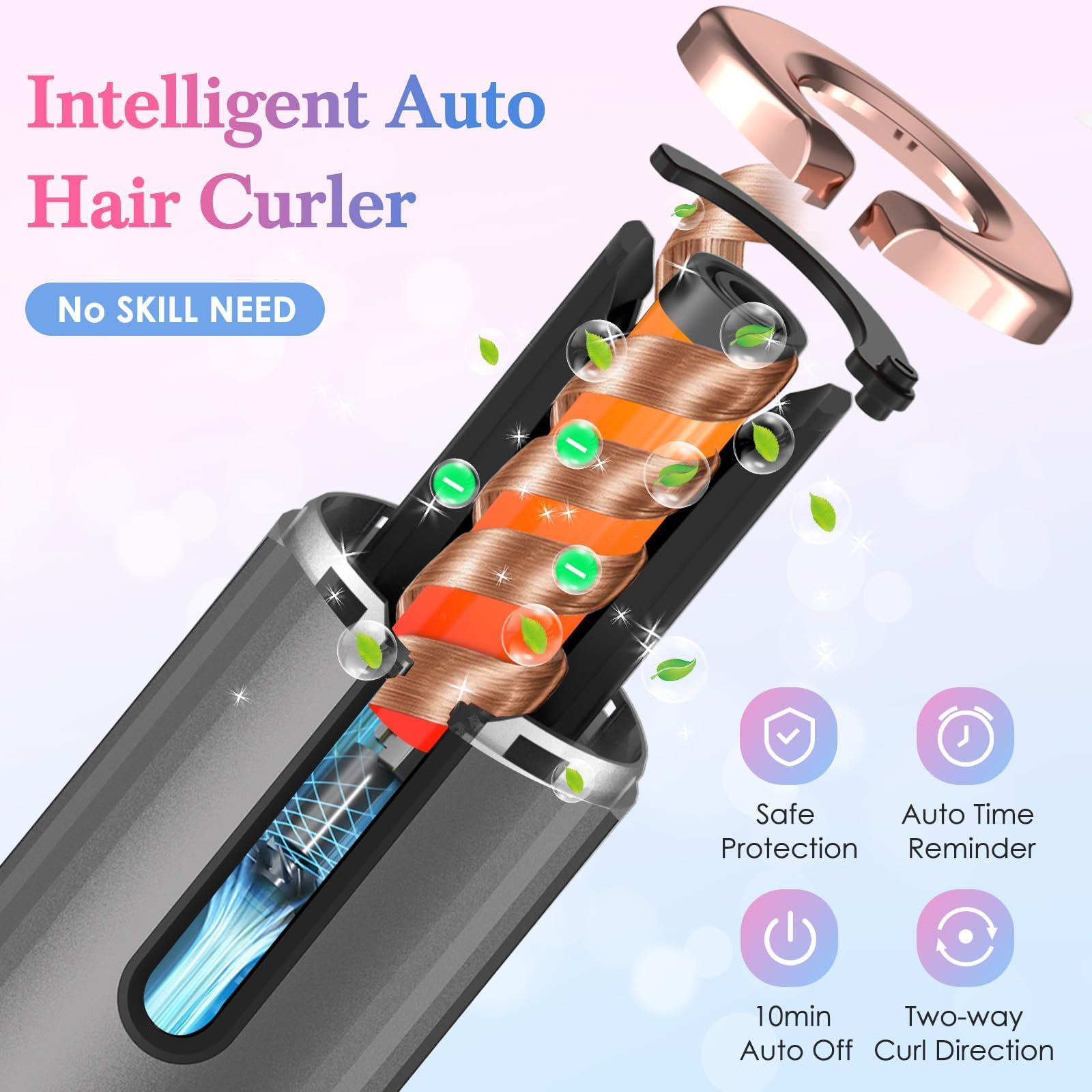 Rizador de Pelo Automático USB Recargable Portátil, 6 Temperaturas 150-200ºC, Temporizador 8-18s, Revestimiento Cerámica Turmalina, Apagado Automático