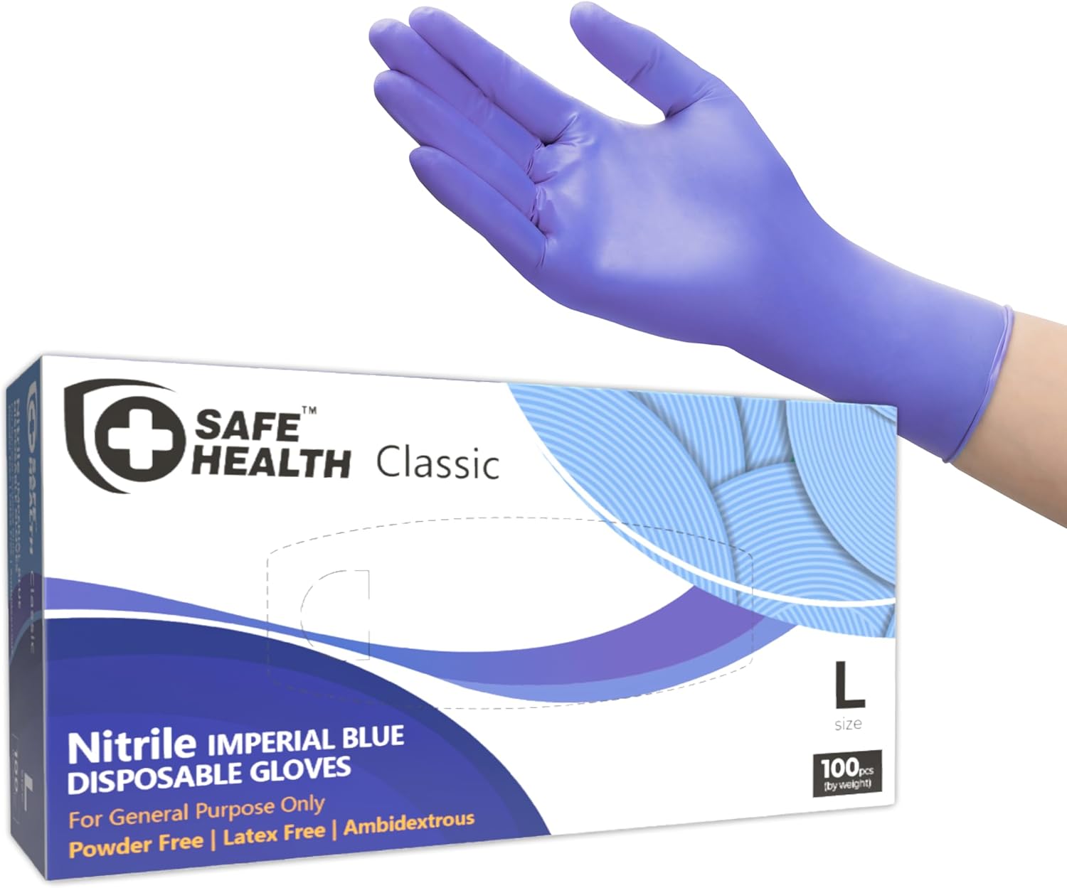 Safe Health Nitrile Disposable Gloves, 3.5 Mil, Imperial Blue, Powder Free, Latex Free, Tattoo, Beauty, Salon, Car