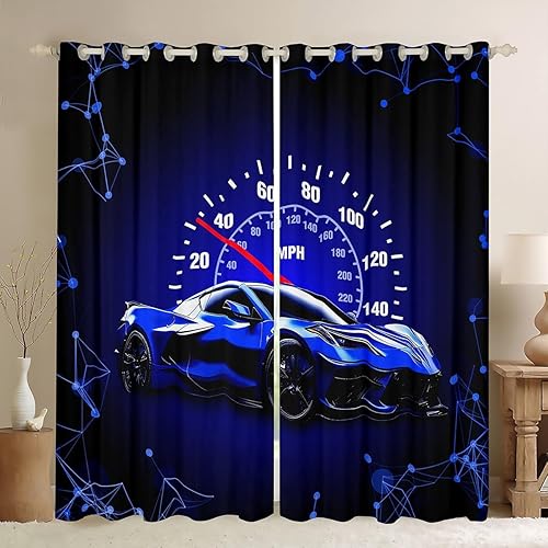 Miniatura 12 de Feelyou Cortinas opacas azules de coche de carreras, cortinas opacas para niños y niñas, cortinas de ventana de auto de carreras, tratamiento de
