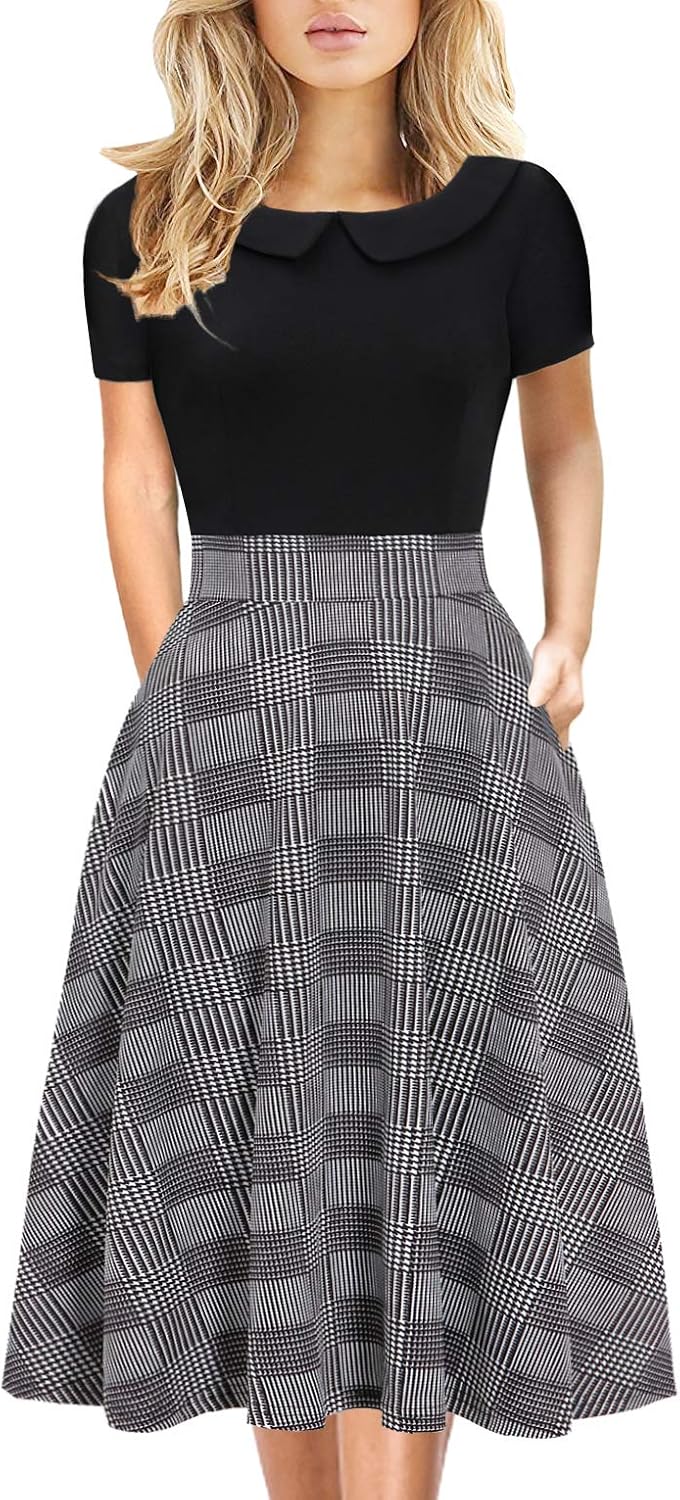 Women's Elegant Vintage Dresses Knee Length Casual Floral Print Work Party Peter Pan Collar A-Line Dress with Pockets 978