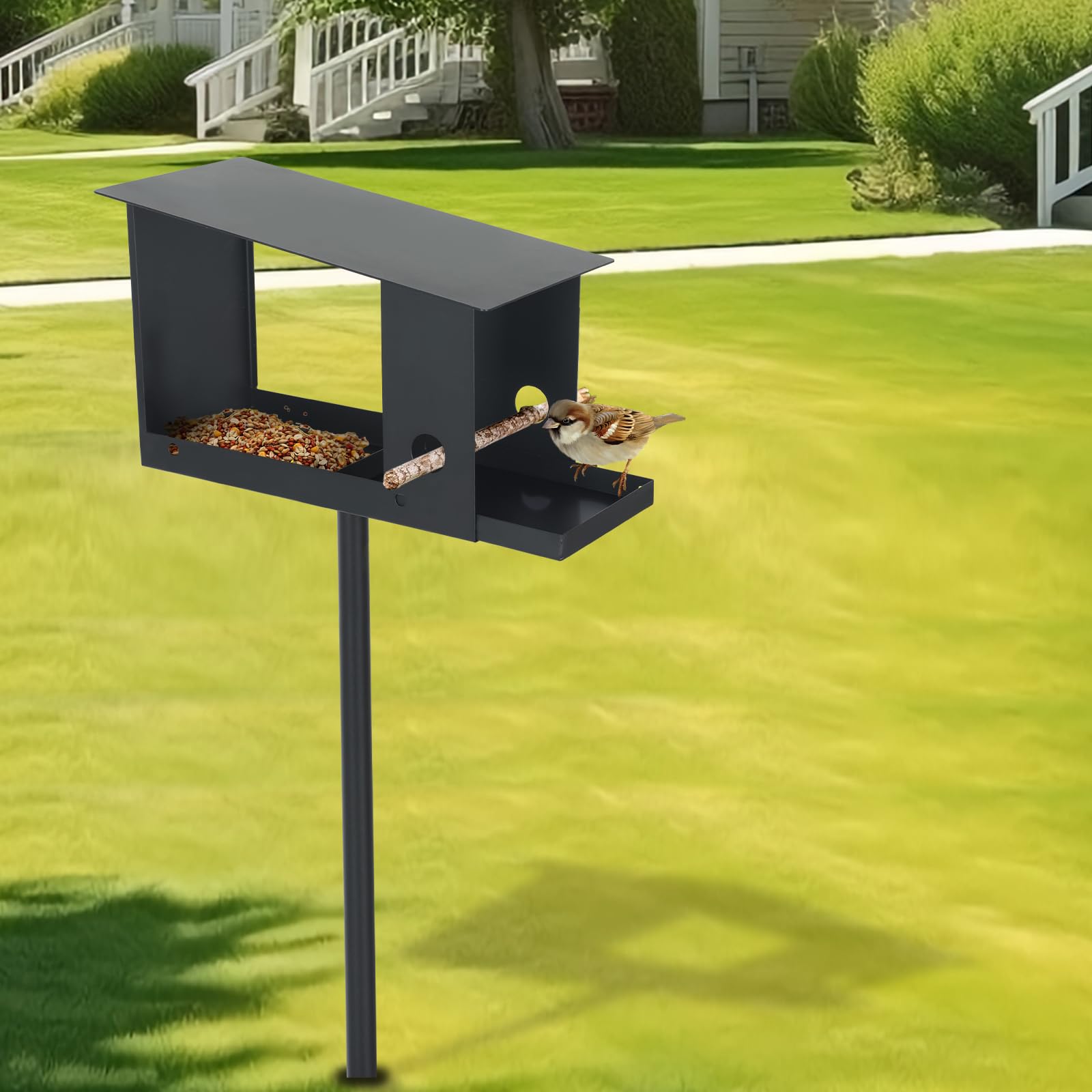 Casa para pájaros con soporte, estación de alimentación de pájaros de metal, comedero de pájaros 3 en 1, casa de pájaros resistente a la intemperie, estación de pájaros silvestres, villa para pájaros,