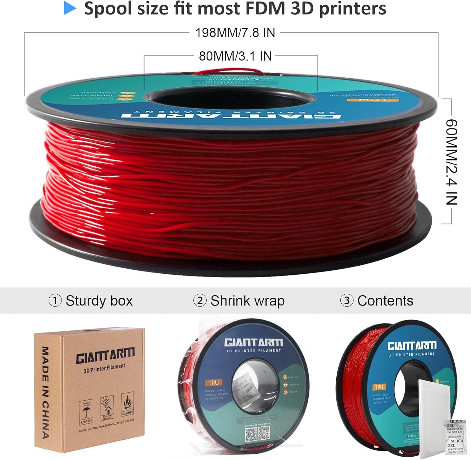 GIANTARM TPU Filament, 2pcs Red 3D Printer Filament 1.75mm,95A Flexible Soft PLA Filament,Dimensional Accuracy +/- 0.03, 1kg Spool(2.2 lbs), Suitable for Most FDM 3D Printers