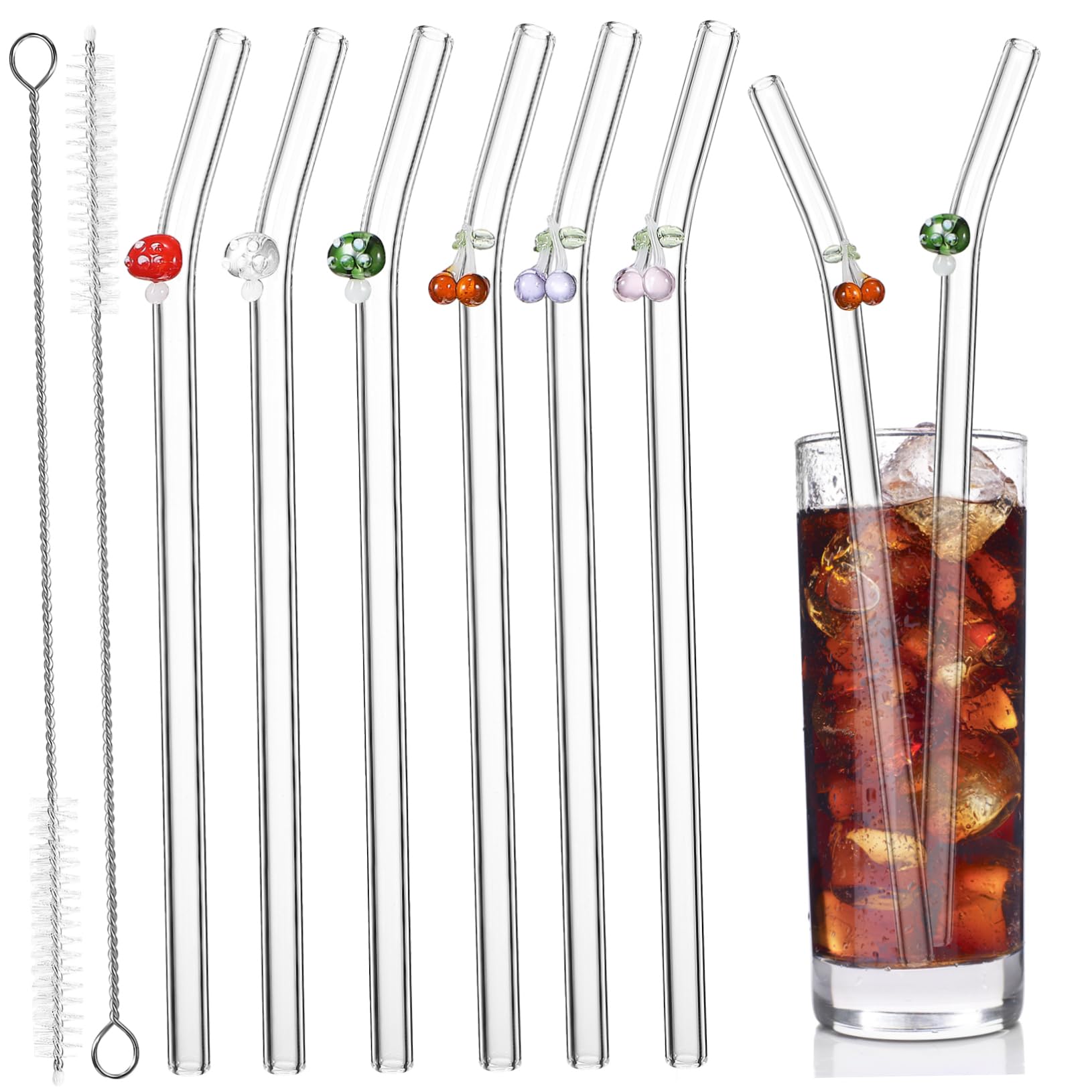 6 Pailles en verre incurvées réutilisables avec brosses de nettoyage