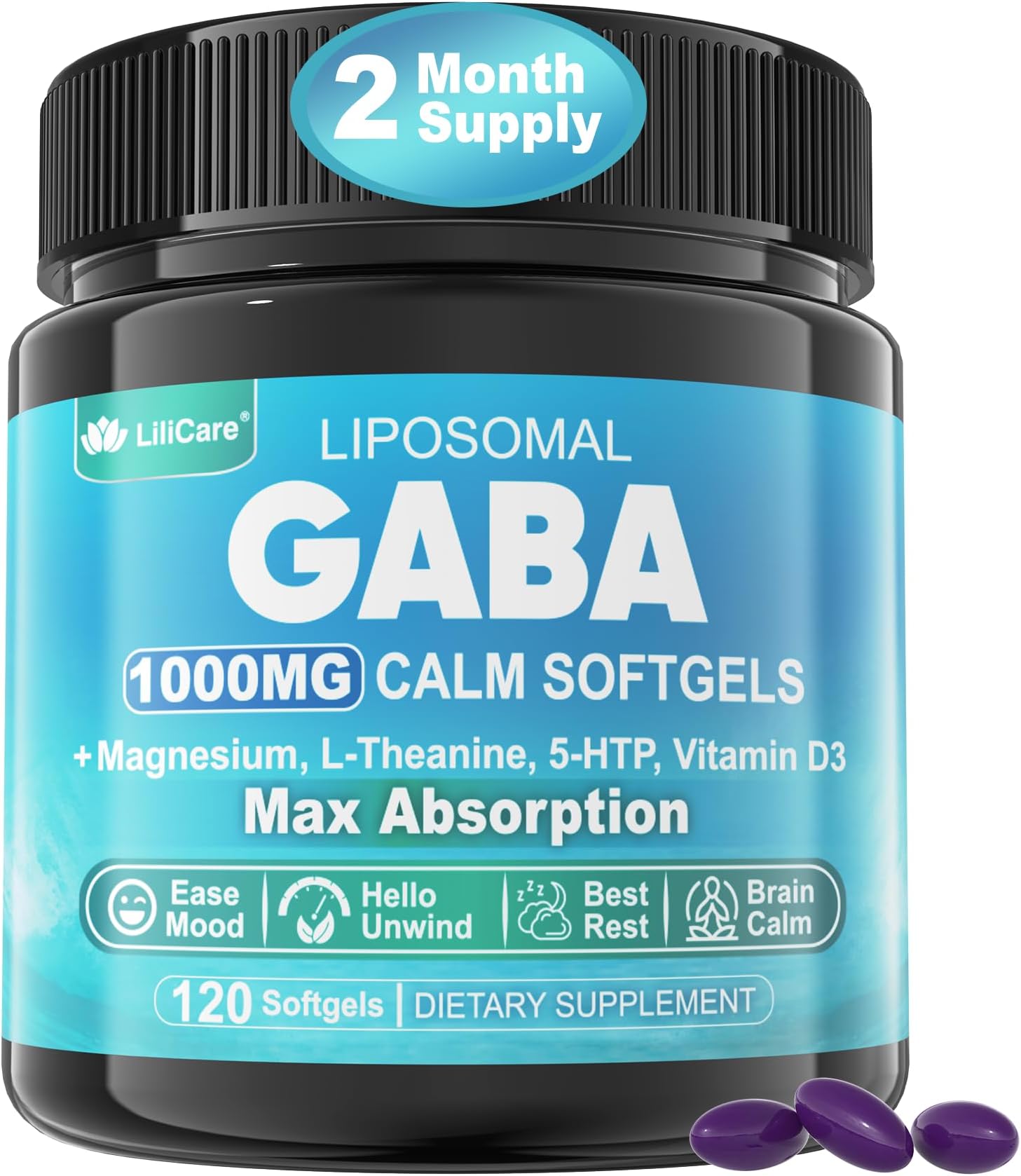 GABA Supplement - 1000 mg Liposomal Form for Optimal Absorption, GABA with L-Theanine, Magnesium Glycinate, 5HTP, Vitamin D3 for Calm, Relaxation, Mood, Restful Night - Melatonin-Free 120 Softgels.