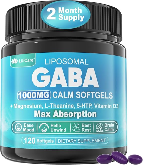 GABA Supplement - 1000 mg Liposomal Form for Optimal Absorption, GABA with L-Theanine, Magnesium Glycinate, 5HTP, Vitamin D3 for Calm, Relaxation, Mood, Restful Night - Melatonin-Free 120 Softgels.