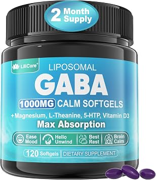 GABA Supplement - 1000 mg Liposomal Form for Optimal Absorption, GABA with L-Theanine, Magnesium Glycinate, 5HTP, Vitamin D3 for Calm, Relaxation, Mood, Restful Night - Melatonin-Free 120 Softgels.