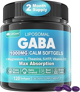 GABA Supplement - 1000 mg Liposomal Form for Optimal Absorption,GABA with L-Theanine, Magnesium Glycinate, 5HTP, Vitamin D3 for Brain Calm, Mood, Zzz Better - Melatonin-Free 120 Softgels.