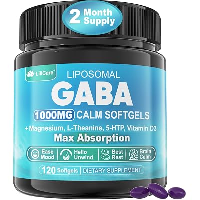 GABA Supplement - 1000 mg Liposomal Form for Optimal Absorption, GABA with L-Theanine, Magnesium Glycinate, 5HTP, Vitamin D3 for Calm, Relaxation, Mood, Restful Night - Melatonin-Free 120 Softgels.