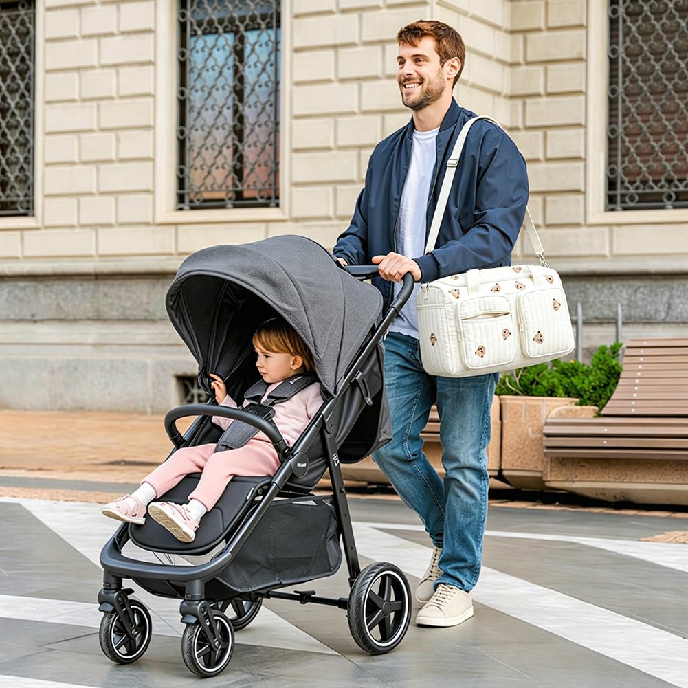 Borsa fasciatoio versatile per mamme, bambino e maternità, borsa fasciatoio, passeggino per mamme, cerniera con ricamo, orso, stampato, per nascita in ospedale, viaggi, passeggino
