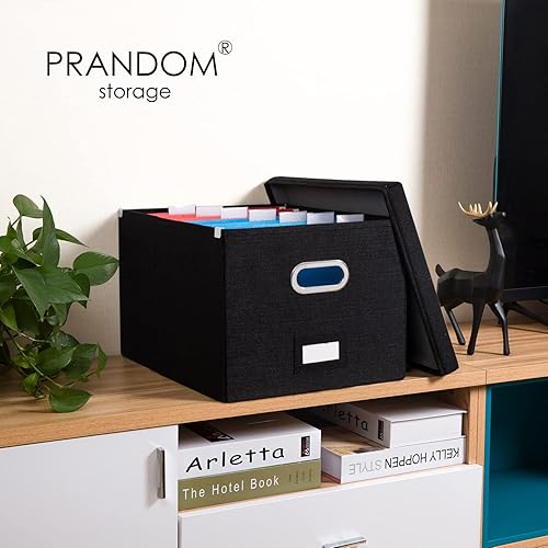 Miniatura 2 de PRANDOM Caja organizadora de archivos, juego de 1 carpeta plegable decorativa de lino para almacenamiento de archivos colgantes con tapas, gabinete
