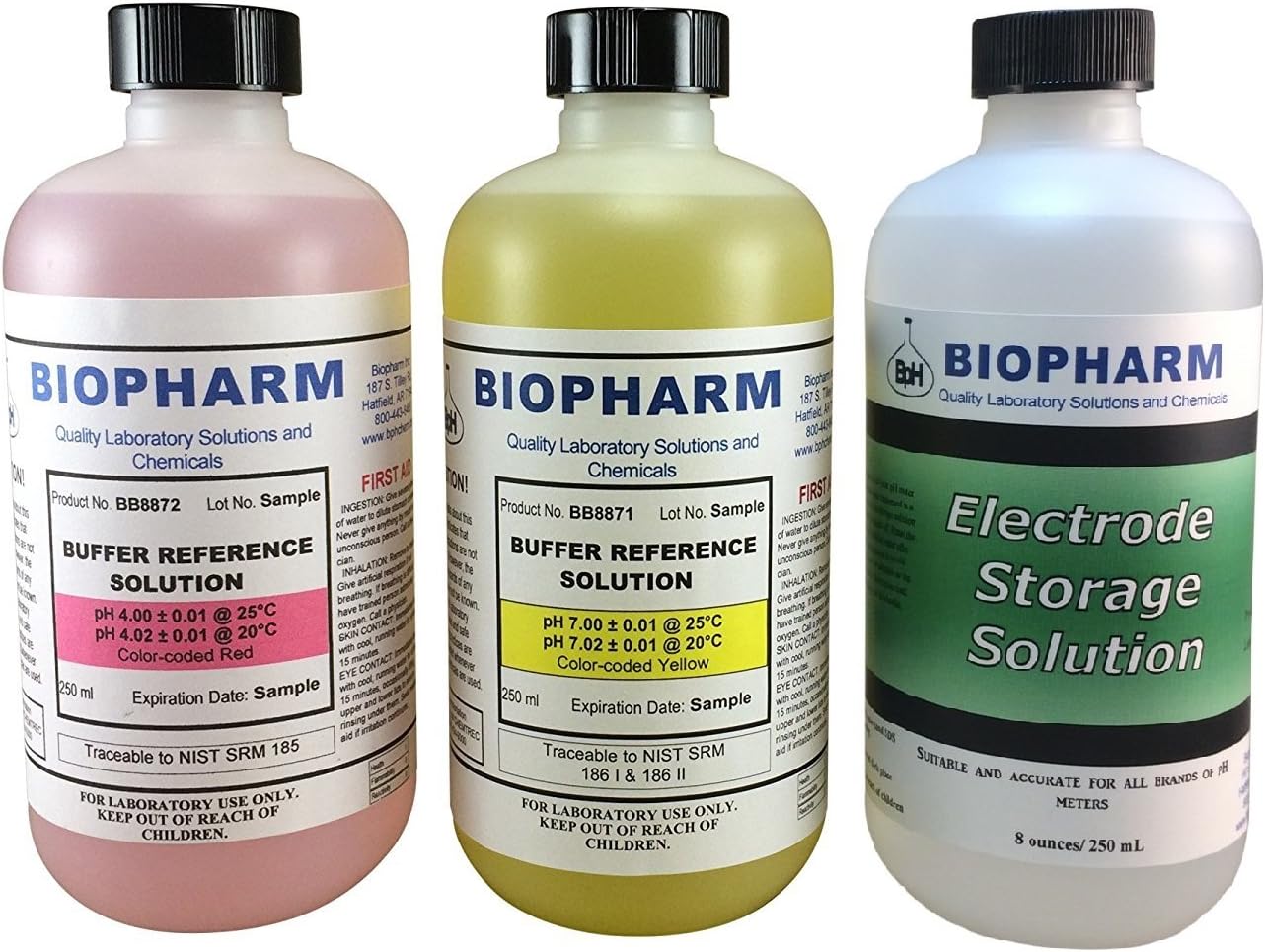 pH Buffer Calibration Solution 3-Pack: pH 4.00 Buffer, pH 7.00 Buffer, and Electrode Storage Solution — 250 mL (8.4 fl oz) Each — NIST Traceable Reference Standards for All pH Meters