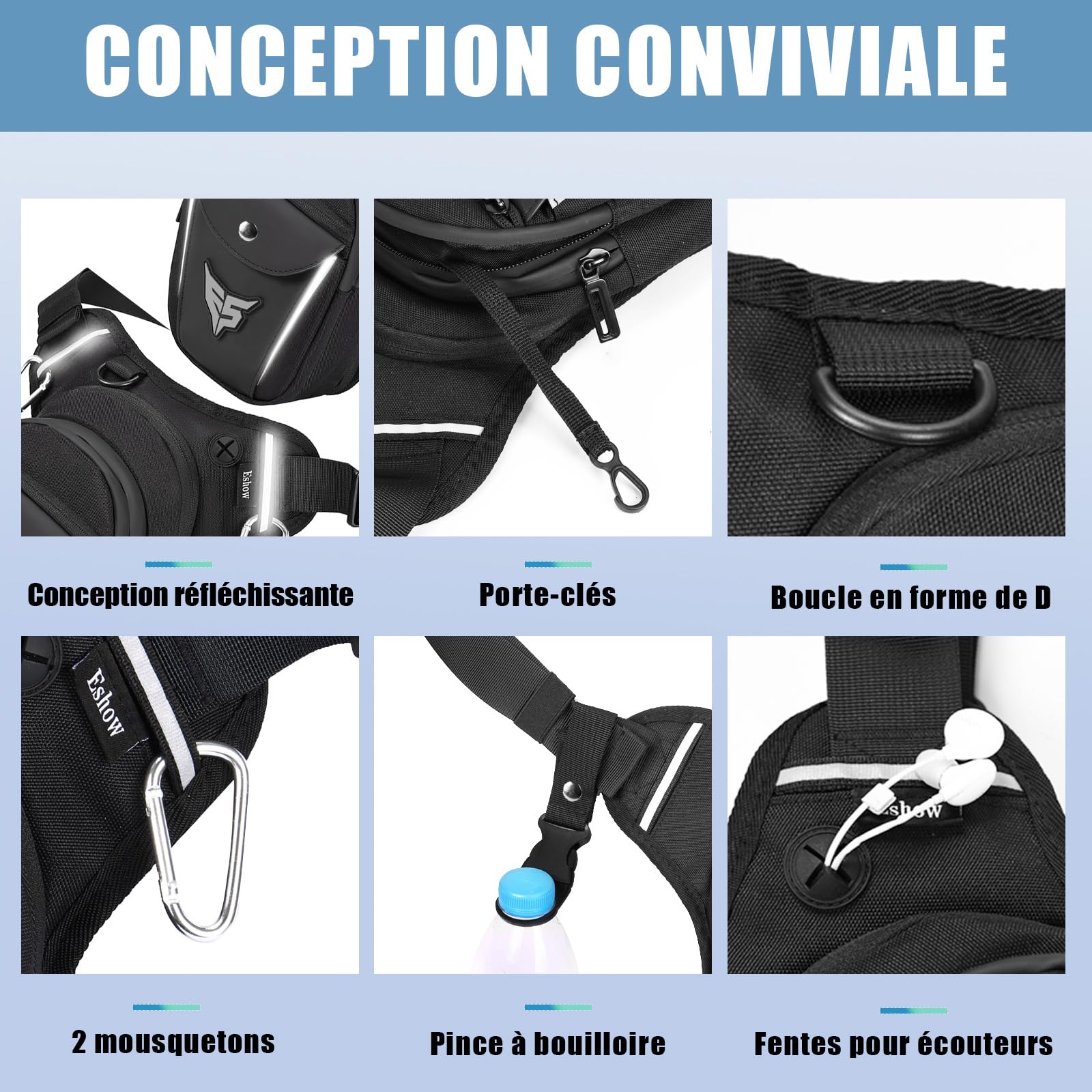 Eshow Sacoche de Jambe Moto Capacité Extensible, Sac Banane Femme Homme avec Bande Réfléchissante, 1 Clip à Gourde, 2 Mousquetons pour Randonnée Pêche