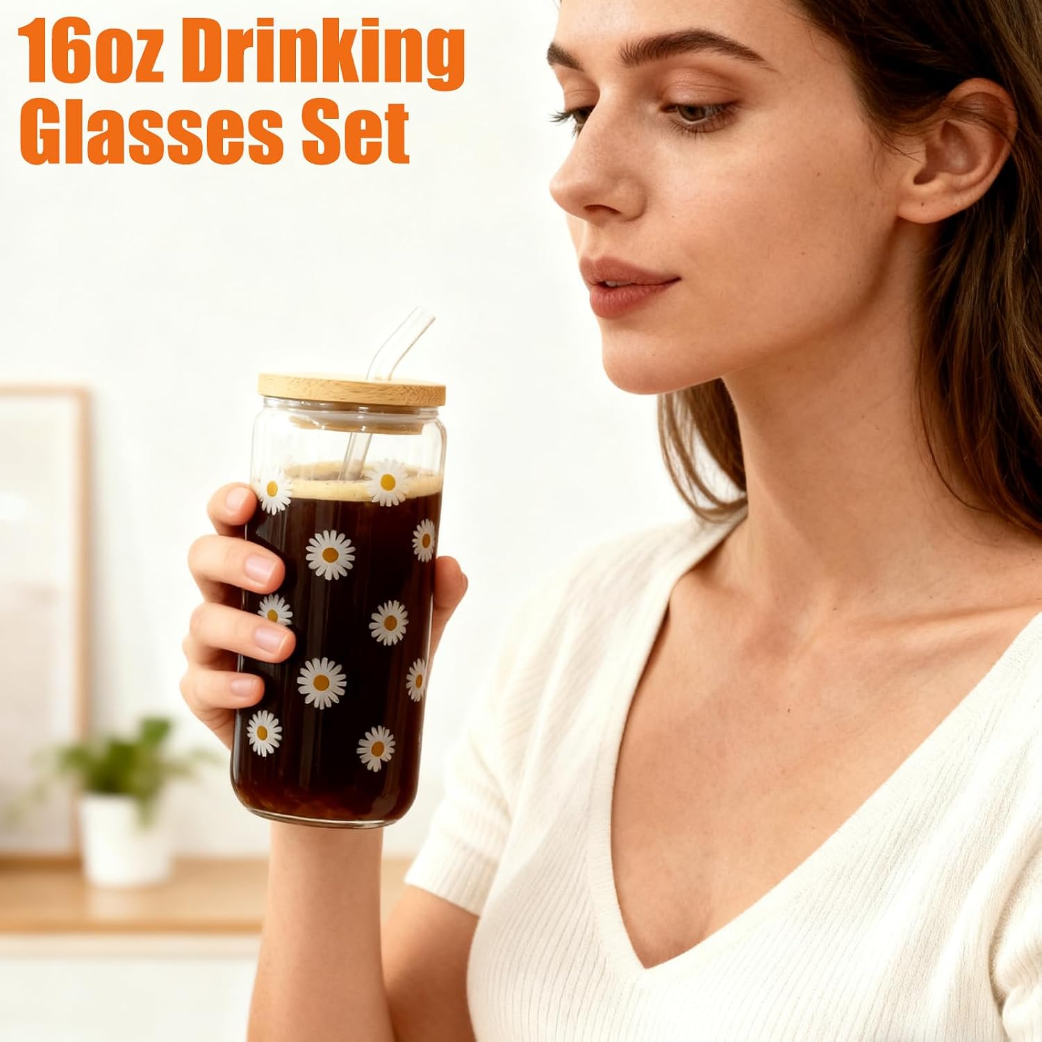 FXK 16 oz Glass Cups, Drinking Glasses with Bamboo Lids and Straws image 2
