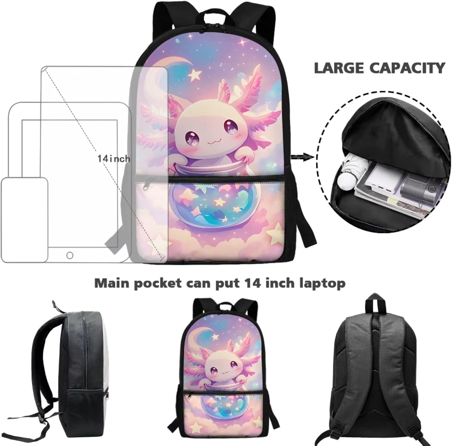 Axolotl Backpack for Girls School Bookbag with Lunch Box Pencil Case Water Bottle Holder 4 PCS Elementary Schoolbag Set Back to School Supplies 17 Inch Rucksack Daypack