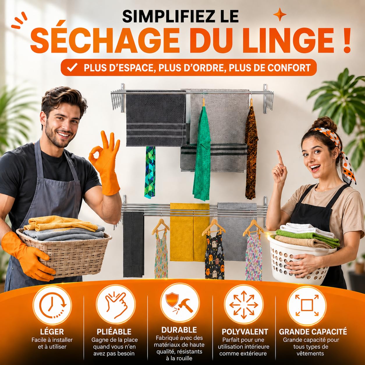 TEHORNEO Etendoir Mural 100 cm, Etendoir Mural Rabattable en Acier Inoxydable, Sechoir a Linge, Étendoir Pliable, Capacité de 25 kg, Compact, Intérieure et Extérieure