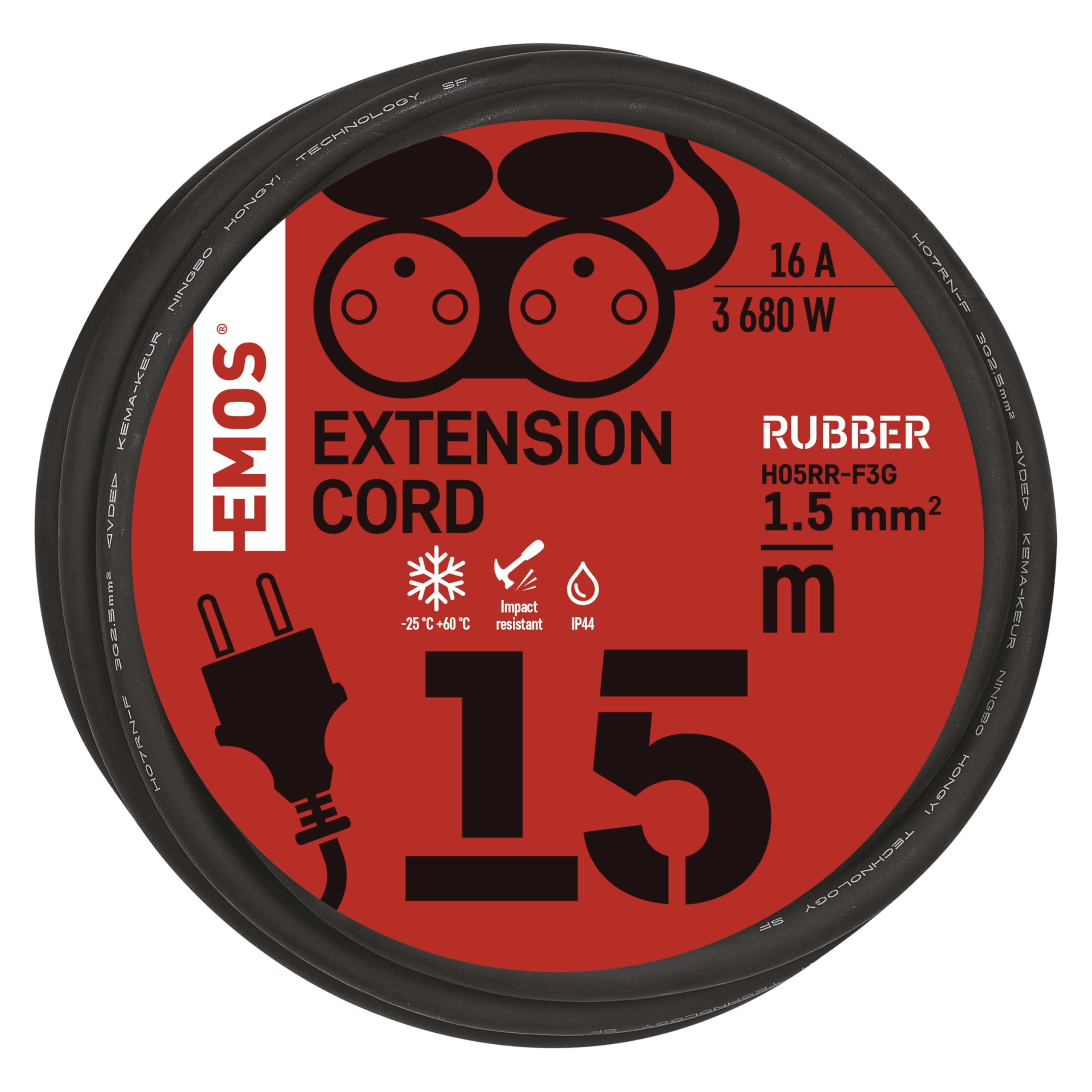 EMOS rallonge IP44 15 m, 2 Prises françaises, extérieur, 16 A 3680 W
