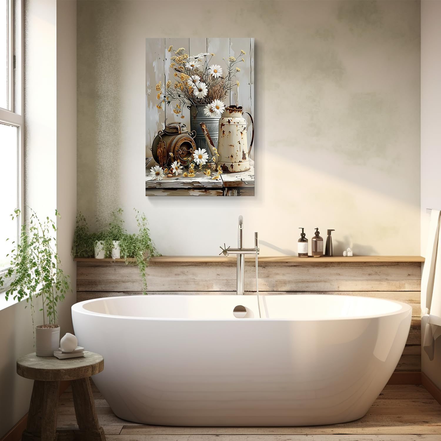 vandlife Vintage Flower Canvas Wall Art Rustic Creamy Yellow Wood Grain Room Decor White Jasmine and Rusty Watering Cans Painting Framed Artwork for Living Room Bedroom Bathroom Decor 28x40in