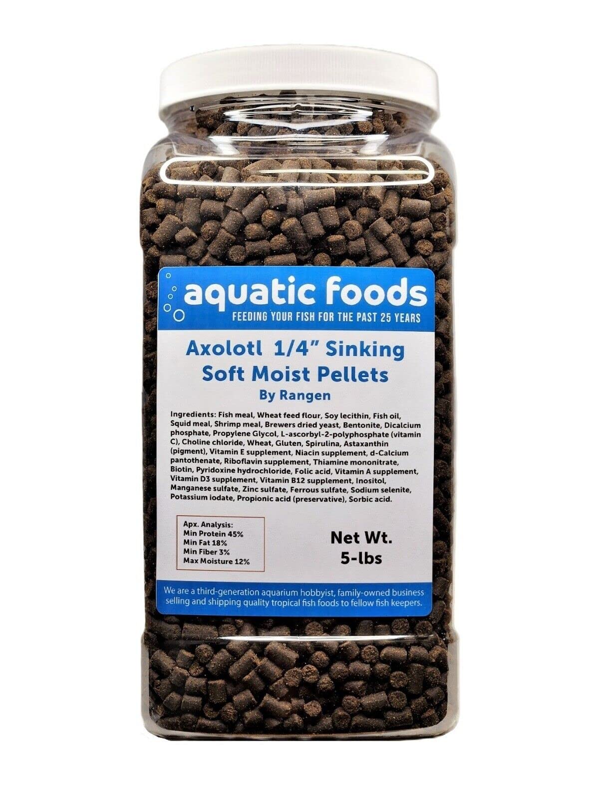 Axolotl Food 1/4" Soft Moist Sinking Salmon Pellets for Adult Axolotl Also Shrimp, Snails, Crabs, Crayfish, Bottom Tropical Fish...5-lb Lg Jar
