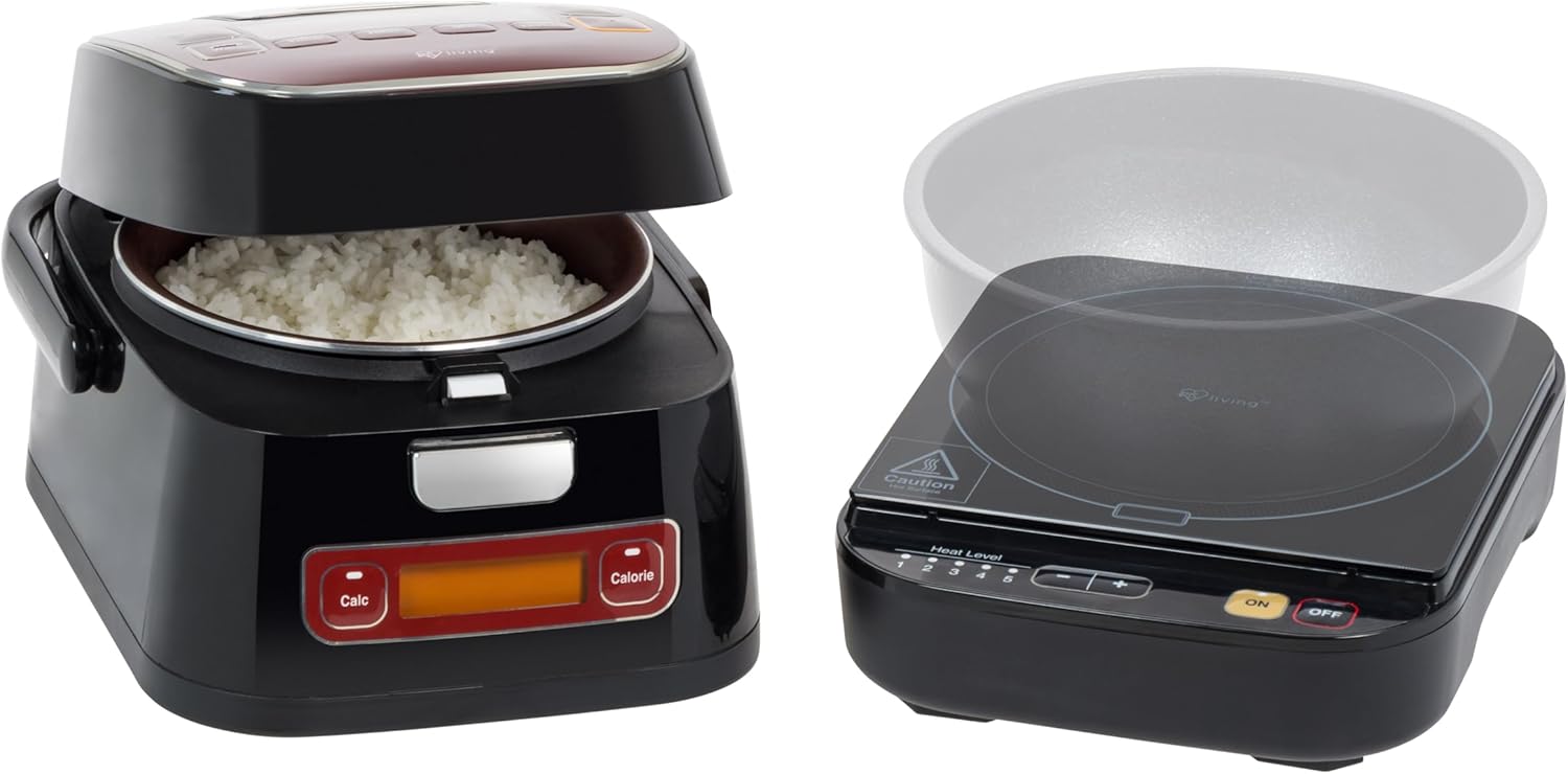 2-in-1 Rice Cooker and Induction Cooktop Burner, 3-Cup (Uncooked) / 6-Cup (Cooked) and Warmer, Portable and Compact IH Cooktop with Calorie Counter and Timer, 7 Cooking Modes