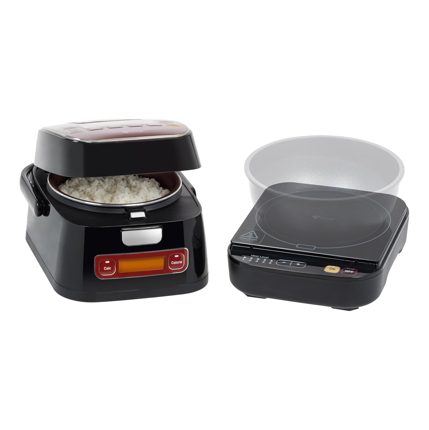 IRIS LIVING 2-in-1 Rice Cooker and Induction Cooktop Burner 3-Cup Uncooked 6-Cup Cooked and Warmer Portable and Compact