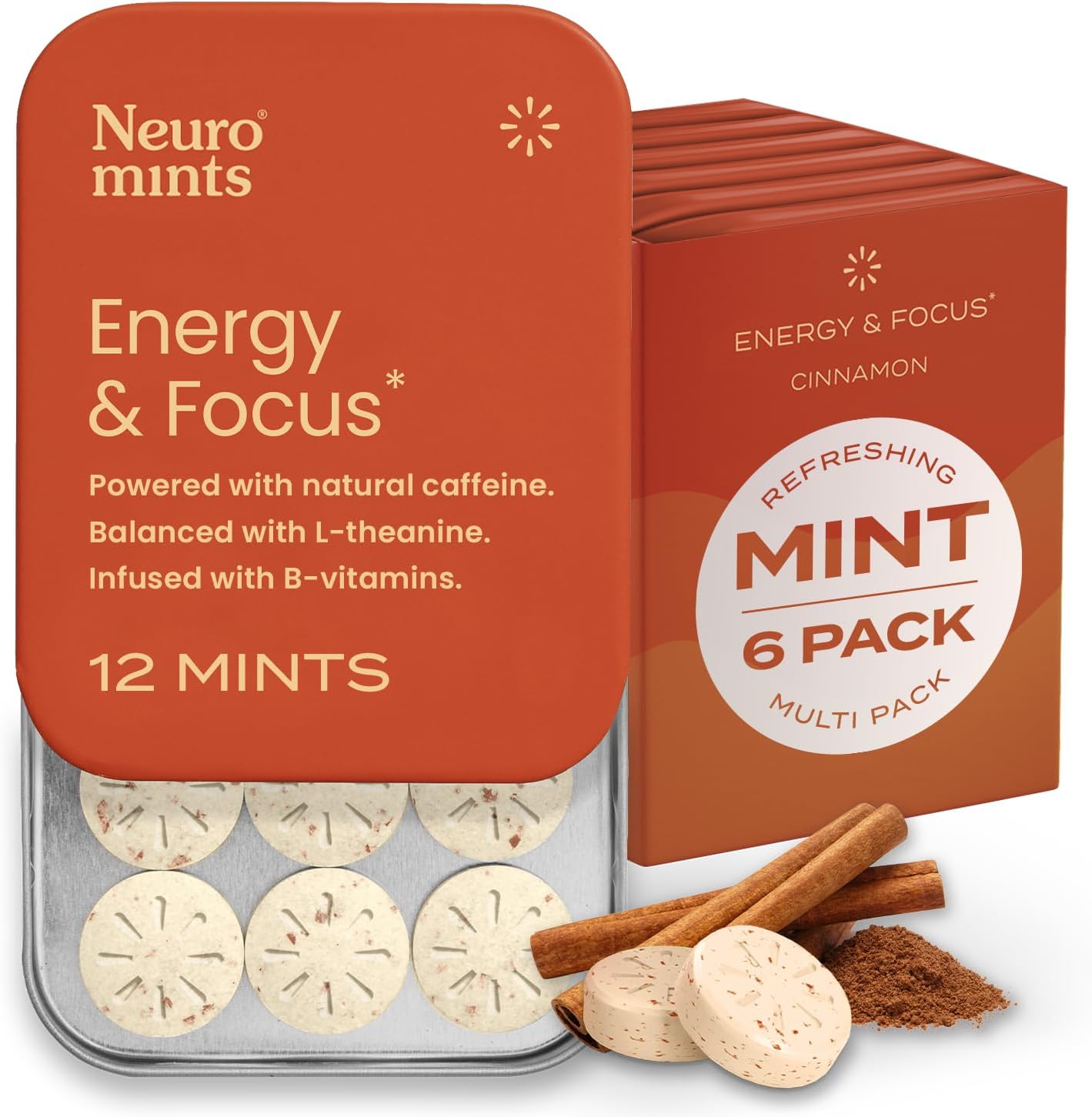 Neuro Mints Nootropic Energy Mints | Caffeine + L-theanine + B Vitamins | Sugar Free + Gluten free + Vegan (6 Pack = 72 Pieces, Cinnamon)
