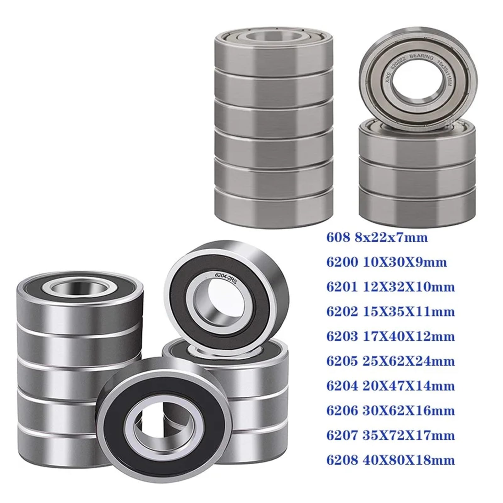 Łożysko kulkowe rowkowe 10 szt. łożysk kulkowych głębokorowkowych ABEC-5 608 6204 6205 6206 6207 6208 ZZ 2RS z uszczelnieniem metalowym 8x22x7 mm(Silver,608 8X22X7MM-ABEC 5)