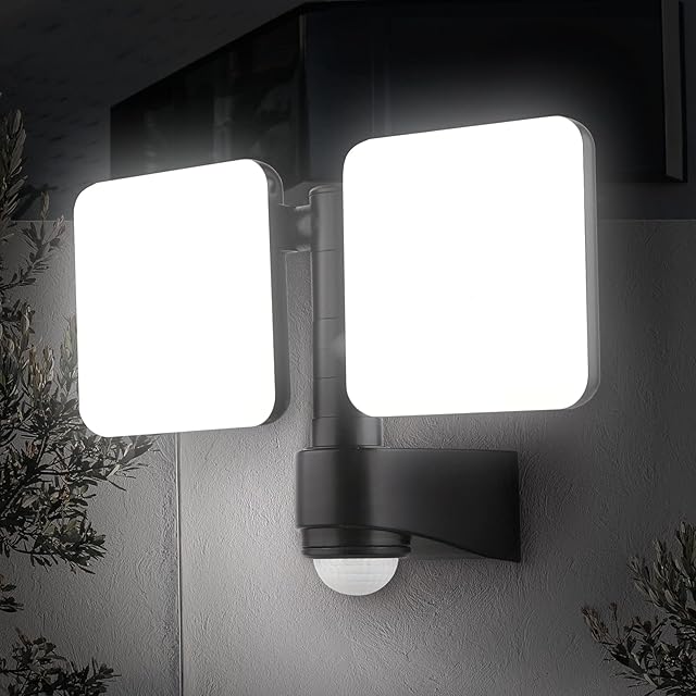 Adjustable Twin Head LED Wall Light with Motion Sensor, 20W IP54 PIR Infrared Outdoor Dual Security Light, 1800LM 4000K Daylight White, Ideal for Garden Garage Deck Porch Driveway (Non-Solar Panel)