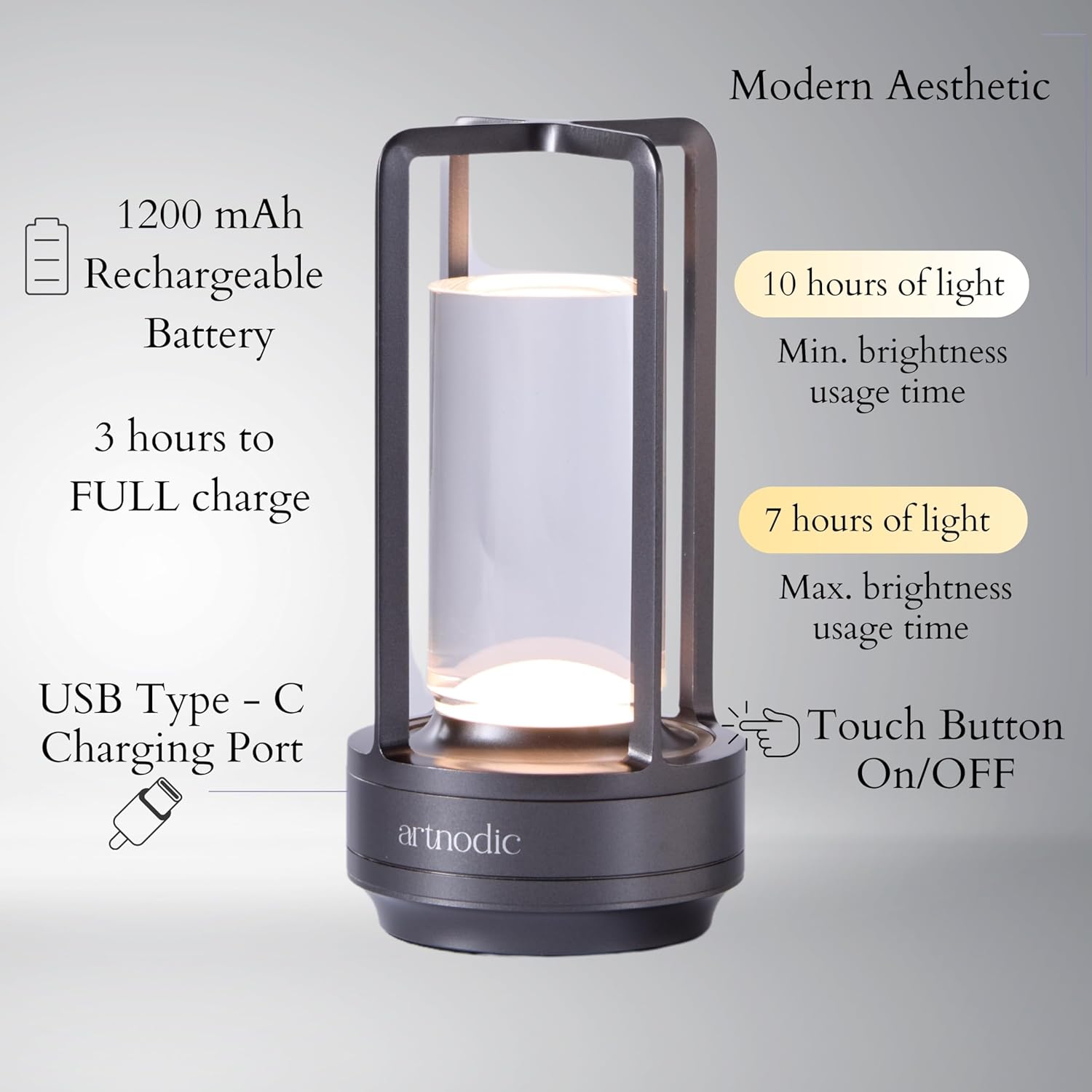 Elysian Cordless Rechargeable Battery Operated Table Lamp, 3 Color Modes, Stepless Dimming with Touch, Modern Desk/Bed/Nursery Lamp (Black)