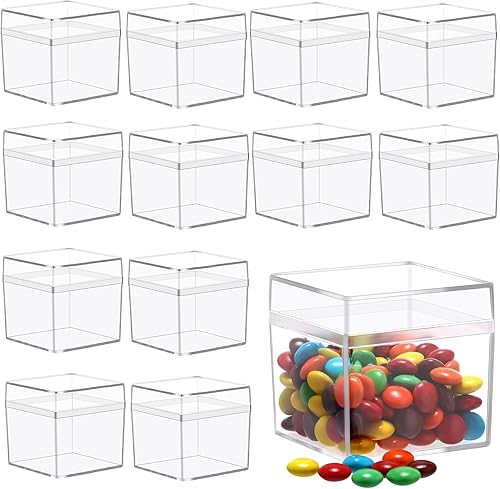Leinuosen 50 cajas de plástico acrílico transparente de 2 x 2 x 2 pulgadas con tapa, recipientes cuadrados para dulces para recuerdos de fiesta,